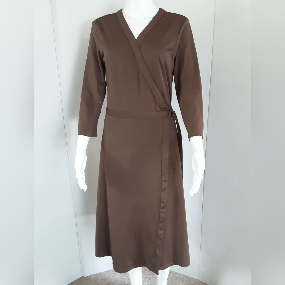 LAPIS 3Qtr Sleeve Brown Jersey Knit V-Neck Wrap Dress Sz L
